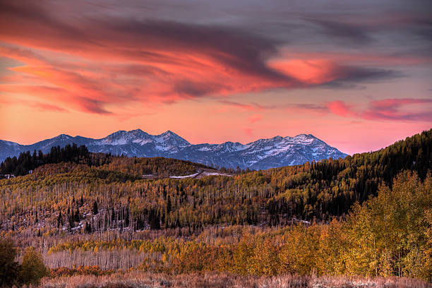 Colorful Sunrise over Heber Valley and the Wasatch Mountains stock photo