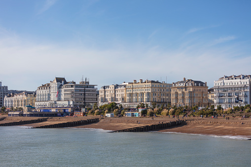 Eastbourne, United Kingdom - Nov 11, 2023: Eastbourne beach at English channel, United Kingdom