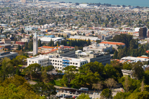 University of California, Berkeley Campus aerial with the city of Berkeley (in the San Francisco Bay Area) in the background.