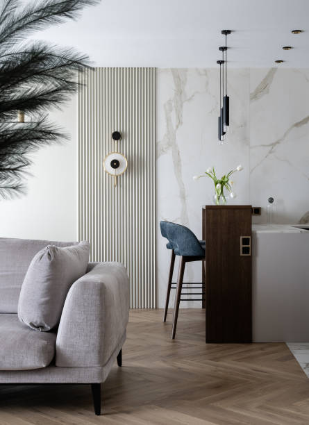 istock Living room with accent panel and wooden details 1870415947