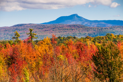 Brilliant fall foliage covers the valleys below Camel's Hump Mountain (4083 feet).  The peak  is Vermont's third-highest mountain. Because of its distinctive profile, it is the Vermont's most recognized mountain,  It is part of the Green Mountain range