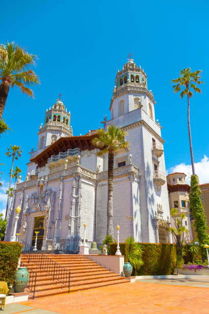 Hearst Castle, California, USA - April 2017: William R. Hearst Castle. San Simeon California State Historical Monument. Casa Grande exterior artisanship. East side view of Hearst Castle.