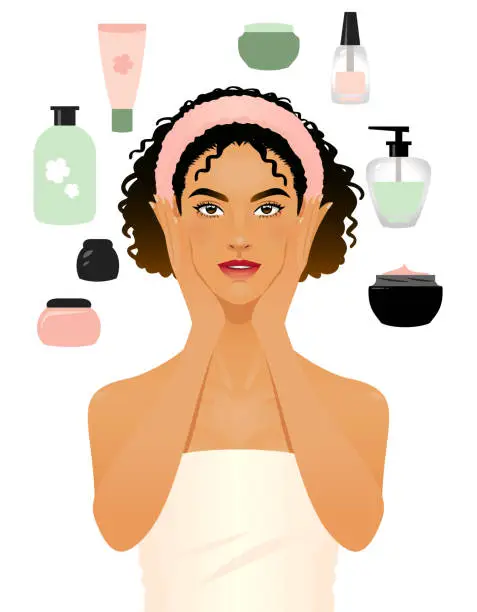 Vector illustration of Young woman with beauty products around her