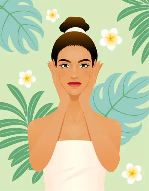 Vector illustration of Serene young woman in towel