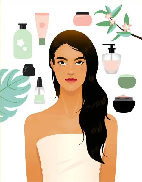 Vector illustration of Young woman with beauty products around her