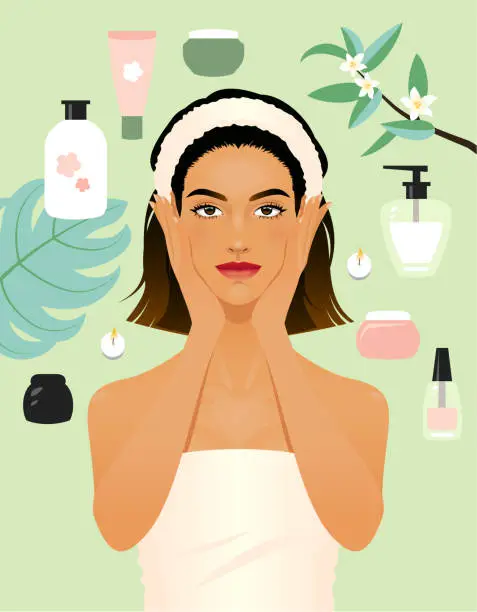 Vector illustration of Young woman with beauty products around her