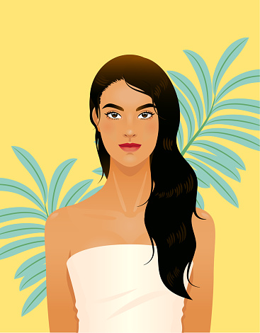 Young Hispanic woman with long hair wearing a towel, vector realistic portrait, beautiful woman looking at camera on a yellow background.