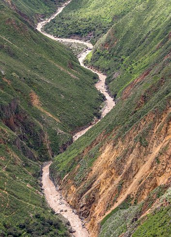 Colca River. Beautiful panorama of the Andes Mountains in the Colca Canyon, Peru.