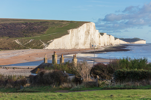 Seven Sisters country park tall white chalk cliffs, East Sussex, UK