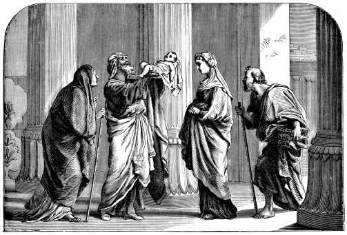 Engraving From 1873 Featuring Simeon And Anna In The Temple Recognizing Jesus As The Messiah.