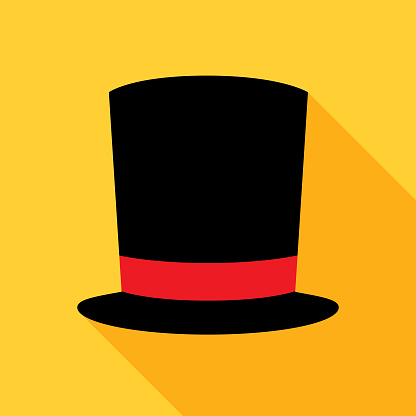 Vector illustration of a black top hat on a yellow background.