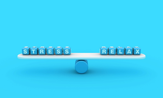 Seesaw with STRESS RELAX Buzzword Cubes - Color Background - 3D Rendering