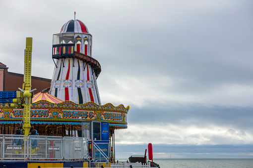 Brighton, United Kingdom - Nov 12, 2023: The Brighton Marine Palace and Pier is an amusement park in Brighton. Brighton is one of the largest and most famous seaside resorts in England.