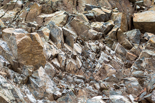 Rock art : creative composition with huge rocks fallen from a cliff in the Colca Canyon, Peru. Mineral abstraction.