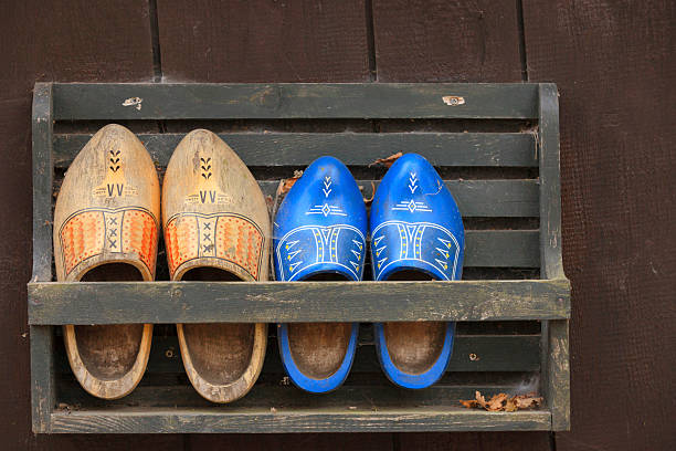 Classic Dutch clog shoes in the grass, close-up