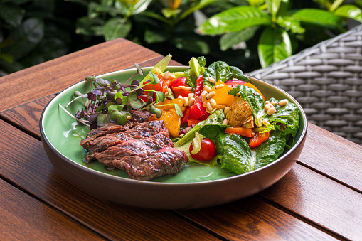 grilled beef steak with vegetables on plate Healthy food, diet lunch concept. diet menu. Restaurant menu concept. Copy space.