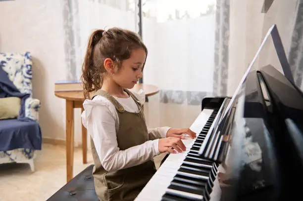 Photo of Caucasian little child girl playing piano alone, touching keyboard and feeling the music rhythm in cozy home interior