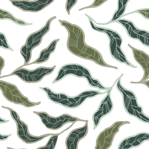 Vector illustration of Pastel colored long leaves on twigs seamless pattern.