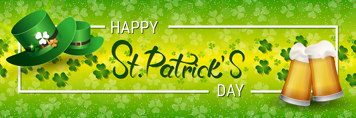 St.Patrick's Day vector banner template. Green background with colorful clover leaves