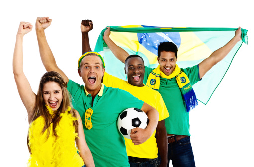 Four excited and enthusiastc soccer fans cheer on their team, to be held in Brazil!