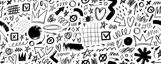 Seamless banner design with graffiti doodle punk and girly objects drawn with a brush and thin charcoal. Hand drawn seamless pattern background with scribbles, squiggles and rough mess.