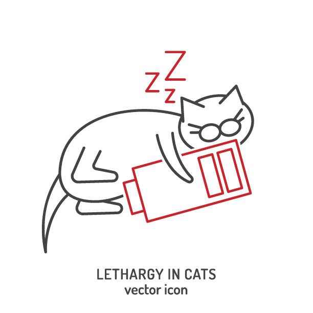 ilustraciones, imágenes clip art, dibujos animados e iconos de stock de icono de fatiga y letargo de gato. apatía en gatos. - animal cute exhaustion technology