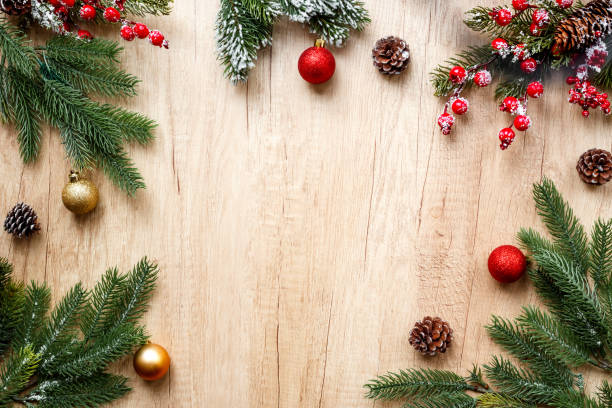 istock Banner with Christmas tree branches and New Year decoration, layout top view 1870486262