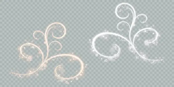Vector illustration of PNG light swirls shimmering ornament on a transparent background.