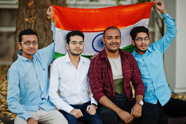 istock Group of four south asian indian male with India flag. 1870498564