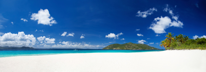 panorama of white sand beach at Sandy Cay, British Virgin Islands