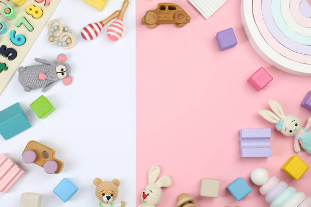 istock Frame of different children's toys on color background, flat lay. Space for text 1870512405