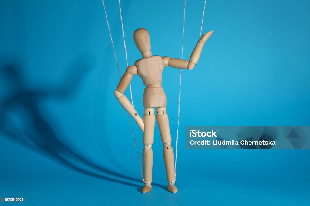 Staight Puppet One Wooden Puppet With Strings On Light Blue Background Stock Photo ...