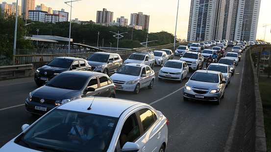 M6 Motorway, UK - Cars queueing to pay the charge on the M6 Toll Road, a paid section of the M6 in the West Midlands.