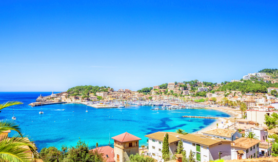 Panoramic view over the harbour and beach of the beautiful Majorcian resort town of Puerto de Soller.
