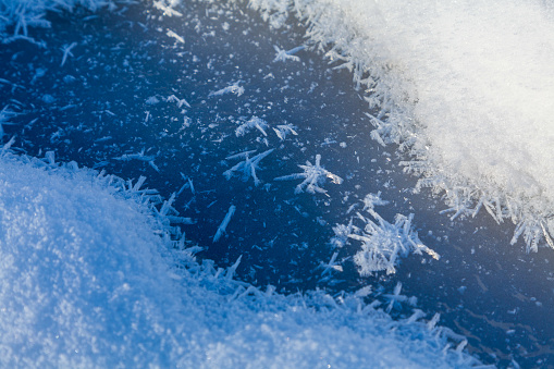 Snowflake and ice crystal closeup in a winter day