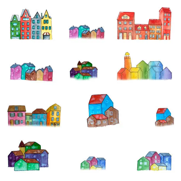 Vector illustration of Hand drawn watercolor set of little colorful houses