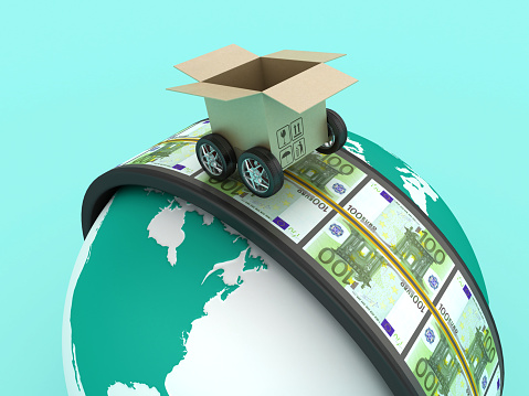 3D Road with Euro Bank Notes and Cardboard Box Around the World - Color Background - 3D Rendering