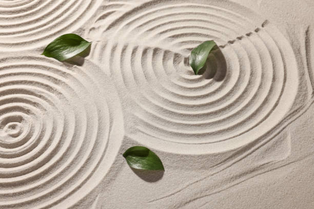istock Beautiful spirals and leaves on sand. Zen garden 1870558582