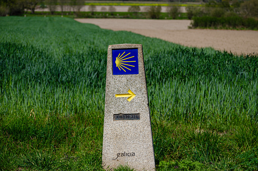 signpost of the Camino de Santiago in Galicia. Pilgrimage concept