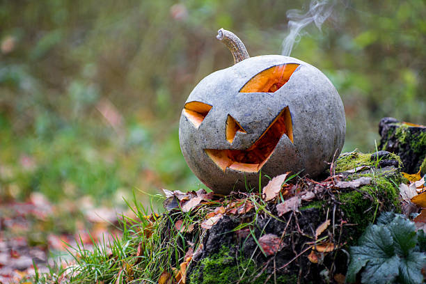 istock Halloween pumpkin with smoke in the forest 187056483