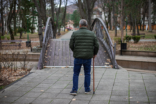 An elderly man walks in a public park, a recreational pursuit