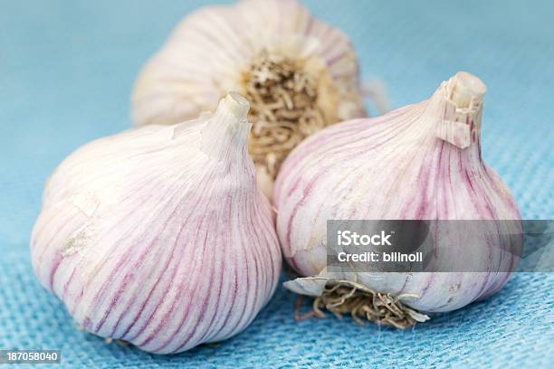 Aglio Fresco Lampadine Su Sgrossatura Blu Tela Grezza - Fotografie stock e altre immagini di Aglio - Alliacee