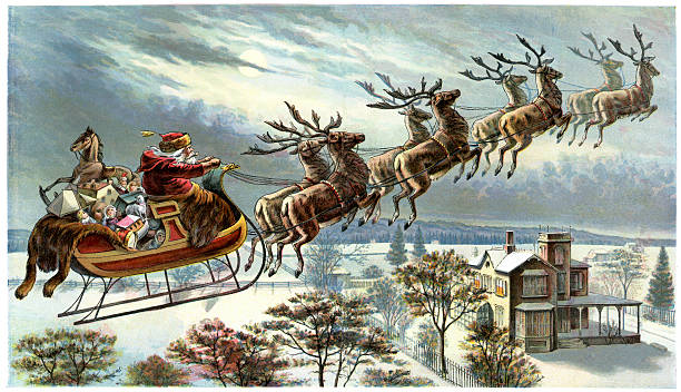 Father Christmas and his reindeer Vintage colour lithograph from 1898 showing Father Christmas and his reindeer flying through the sky engraved image photos stock illustrations