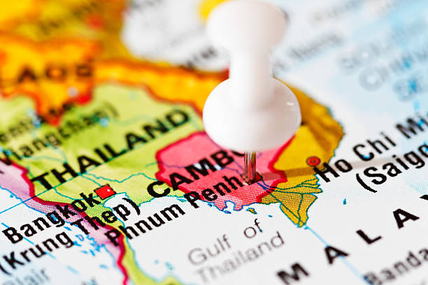 istock Push pin marks Phnum Penh, capital of Cambodia, on map 187058367