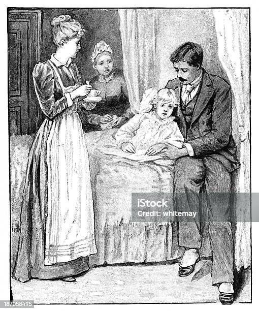 Victorian Adulti Prendendoci Cura Di Un Ammalato A Figlio A - Immagini vettoriali stock e altre immagini di Paziente