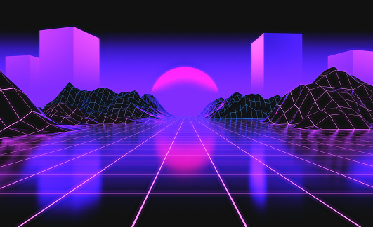 Abstract futuristic purple city with mountains and sunset