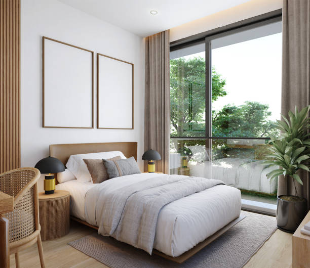 istock Bedroom with blank picture frame mock up.3d rendering 1870587183