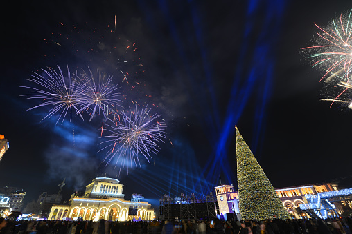 The Christmas tree and fireworks on Republic Square of Yerevan, Armenia.