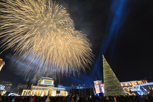 The Christmas tree and fireworks on Republic Square of Yerevan, Armenia.