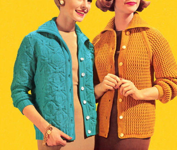 two women wearing cardigans - vintage attire stock illustrations